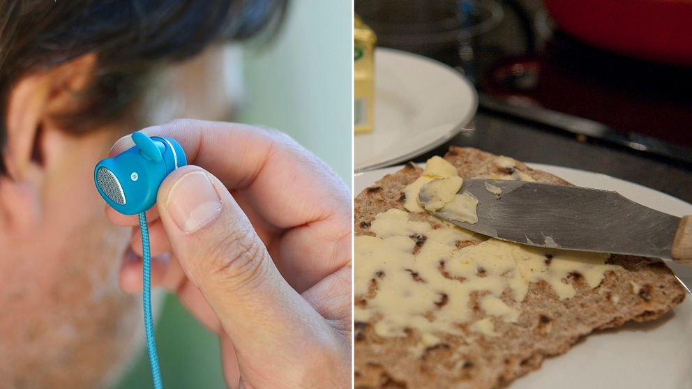 Tvådelad bild. Vänster: person med blå öronsnäcka. Höger: knäckebröd med smör breds ut.