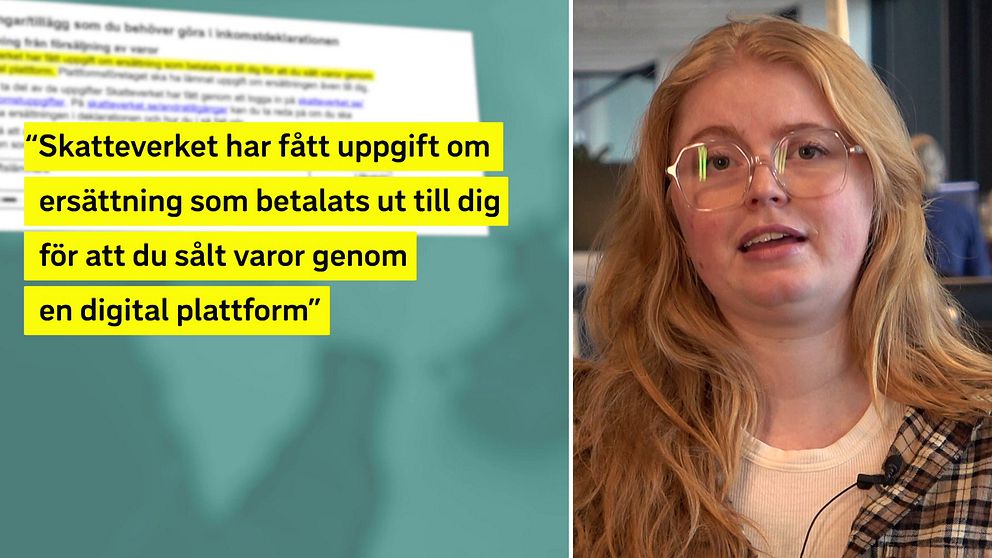 Tvådelad bild. Vänster: Text om ersättning från digital plattform. Höger: Person med lång lockigt hår.