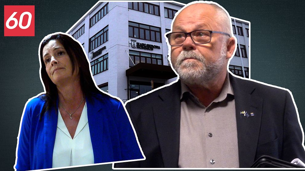 Två personer är porträtterade i förgrunden, klädda i formella kläder, framför en modern byggnad som verkar hysa ett företag eller kontor. Byggnaden har stora fönster och en namnskylt synlig ovanför ingången. I övre vänstra hörnet finns en röd text med siffran 60.