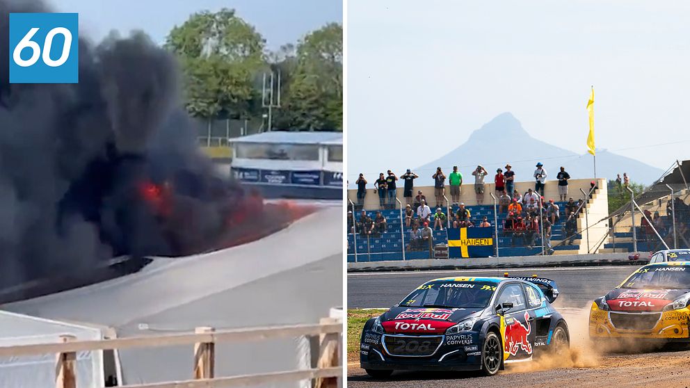 Brand i rallycross-garage och rallycrossbilar