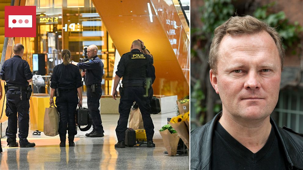 Poliser under utredning på köpcentret Emporia och bild på Sydsvenskans kriminalreporter Joakim Palmkvist.