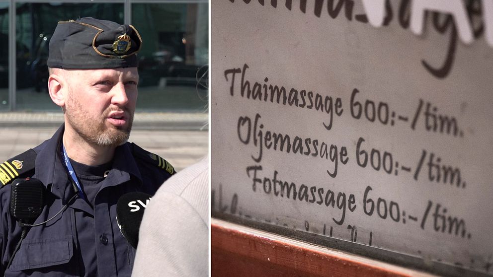 Delad bild. Till vänster: polis i uniform. Till höger: skylt med priser för olika massagebehandlingar.