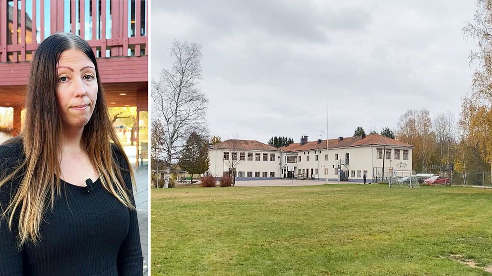 En delad bild som visar två scener. Till vänster står Åsa Olsson, initiativtagare till namninsamlingen i långt hår och en svart tröja. Till höger syns en stor byggnad med vit fasad, Västerby skola.