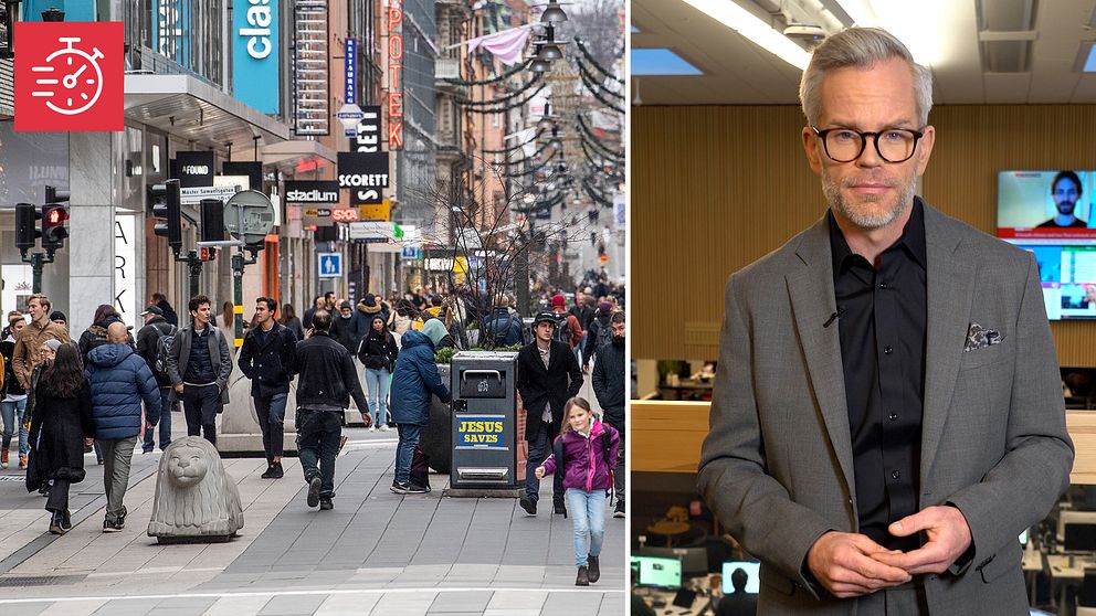 Människor på Drottninggatan i Stockholm och Alexander Norén