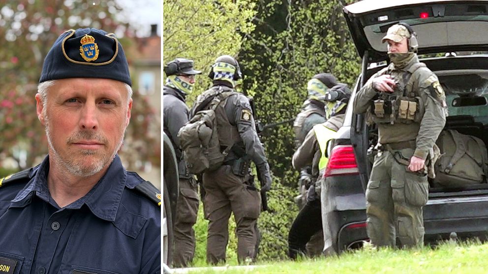 Delad bild. Till vänster syns en polis i uniform, till höger tungt beväpnad insatsstyrka vid bil.