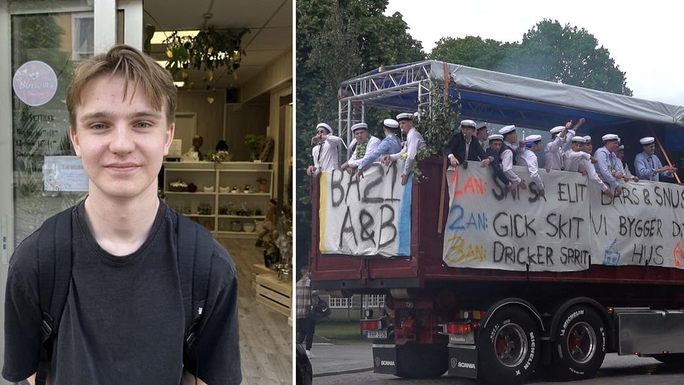 t.h ungdom som står och tittar i kameran. t,v studenter som firar sin studentexamen på ett studentflak