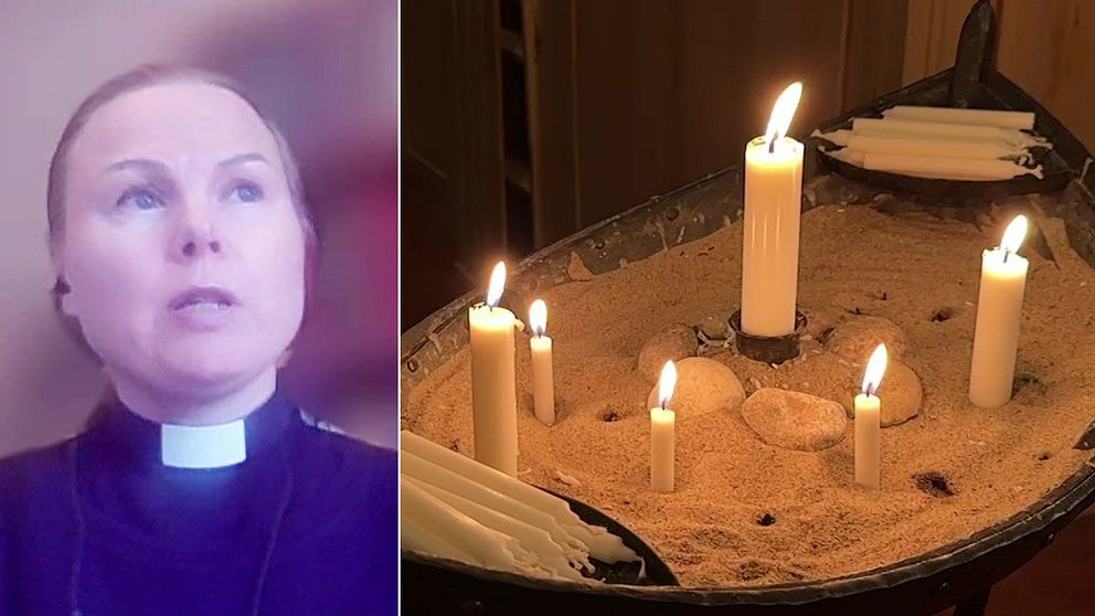 Delad bild: Första delen visar en person i en prästkrage. Andra delen visar ett antal tända ljus placerade i sand, omgivna av sandstenar, i en kyrklig eller meditativ kontext.
