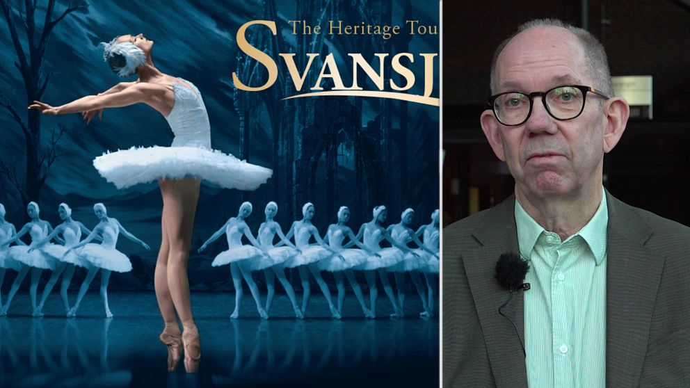 En delad bild som innehåller två sektioner. Till vänster visas en ballerina som utför en piruett i en elegant vit balettdräkt, omgiven av en grupp andra ballerinas i bakgrunden. Bakgrunden är mörk och förtrollande, vilket förstärker den dramatiska scenen. Till höger finns en man, klädd i en ljus skjorta och kavaj, som ser ut att prata, men ansiktet är otydligt.