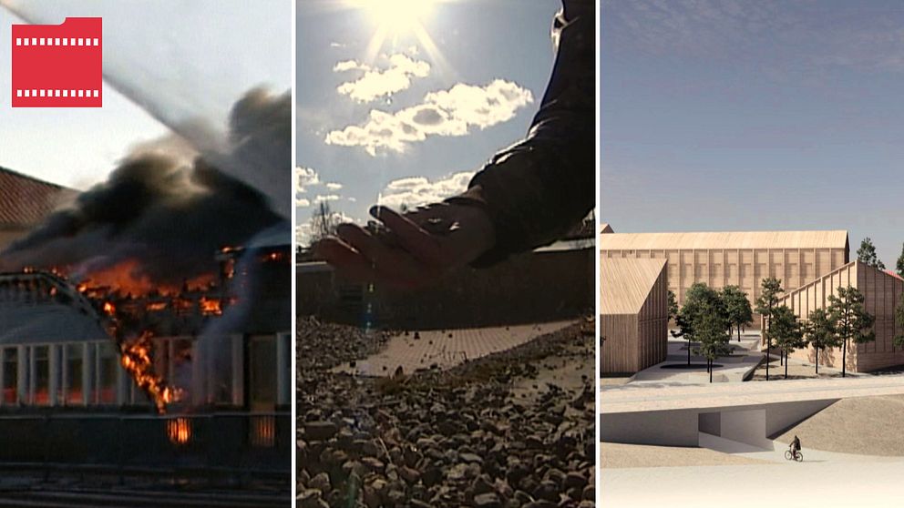 Tre bilder från STrandenområdet – en på branden 2003, en på en hand som håller grus och en på kommunens ritning av nya skolan.