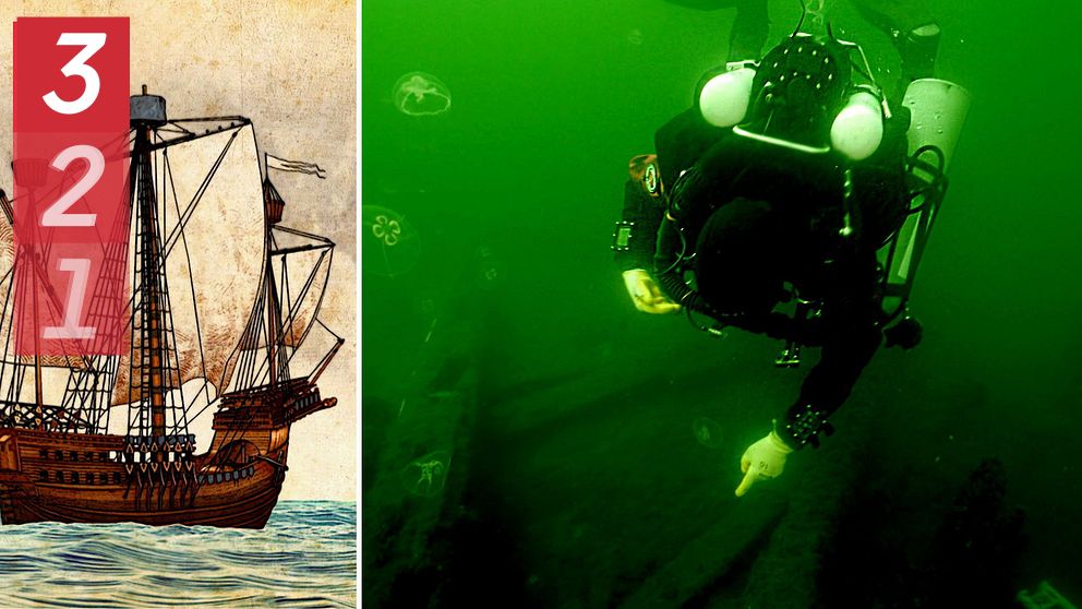 Tvådelad bild på dels illustration av medeltidsskeppet Gribshunden och dels på dykare under havsytan.