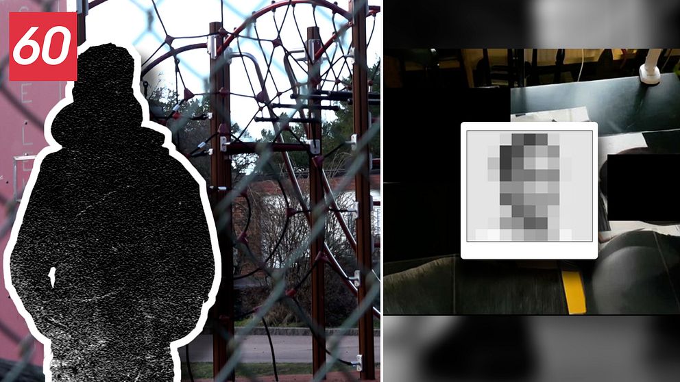 Siluett på man och bilder polisens förundersökning gällande misstänkt barnpornografibrott på Engelska skolan i Karlstad.