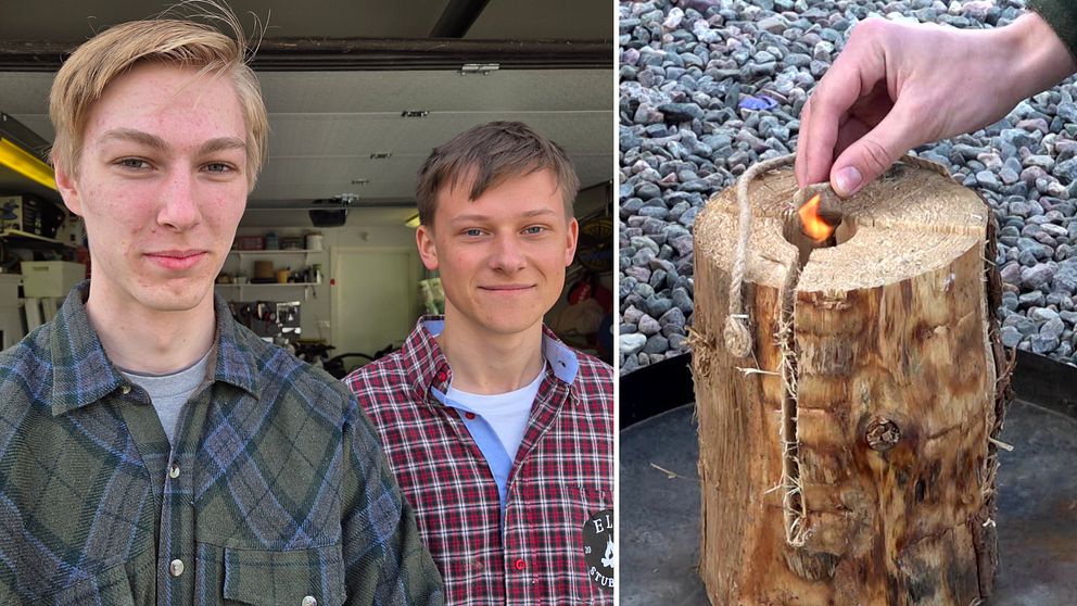 Delad bild. Till vänster: två personer står bredvid varandra. Till höger: hand placerar en spik i en stubbe.