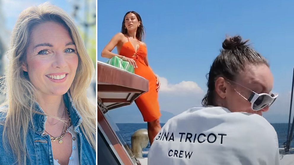 Kommunikationskonsult, kvinna i ljus hår och jeansskjorta samt bild på Bianca Ingrosso – kvinna i orange klänning på båt