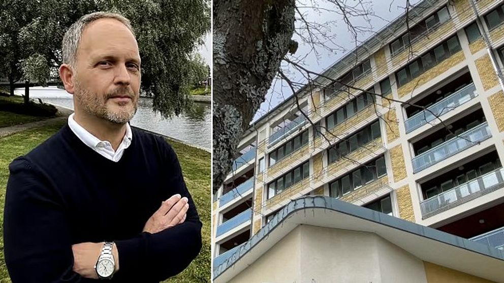 man ståendes vid selångersån och fasad sollefteå sjukhus