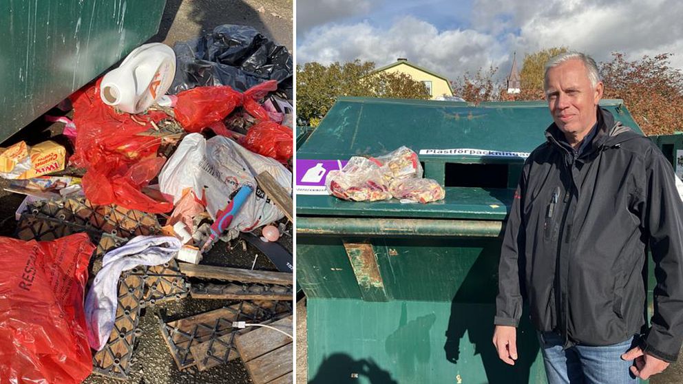 t.v massor med skräp vid en av återvinningscentralerna i Alvesta. v,h Conny Pettersson, vd på Arab bredvid en container