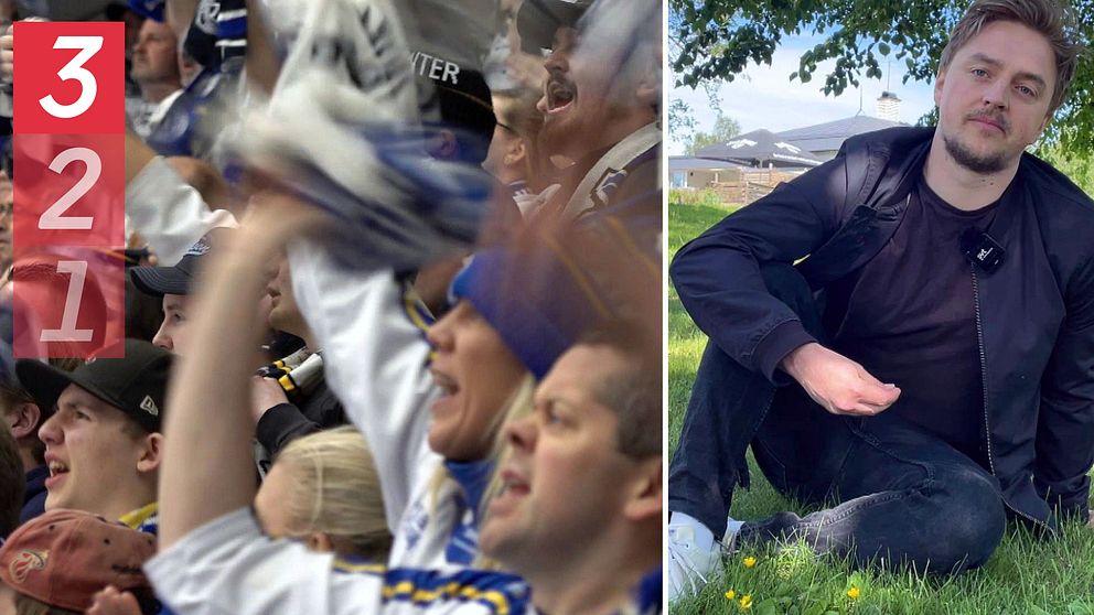leksandssupportrar som viftar med halsdukar och en man som sitter i gräset