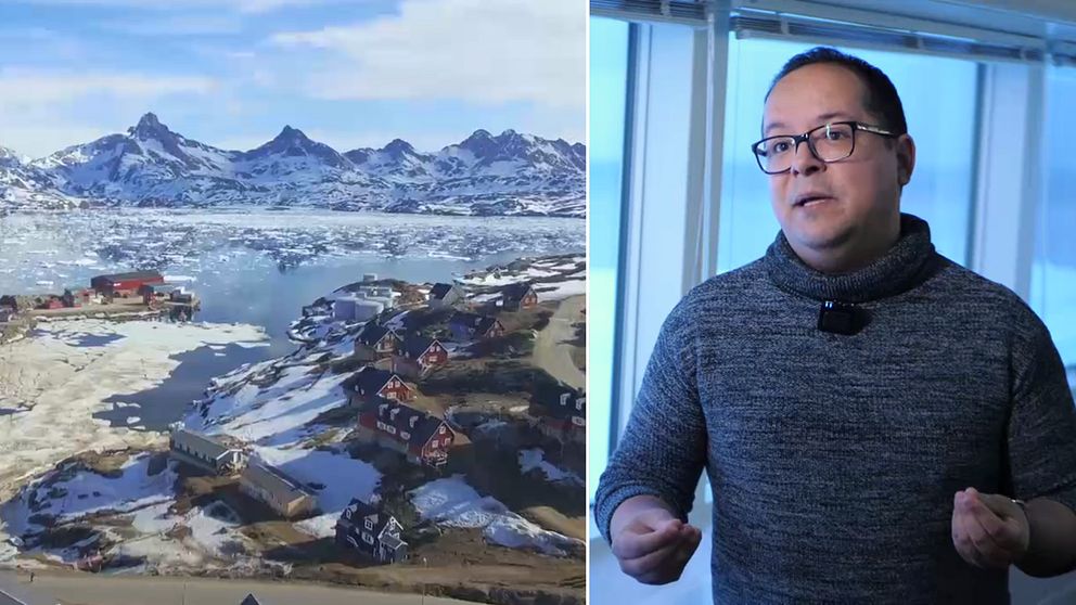 Tvådelad bild. Vänster: kustområde med is och berg. Höger: person föreläser inomhus.