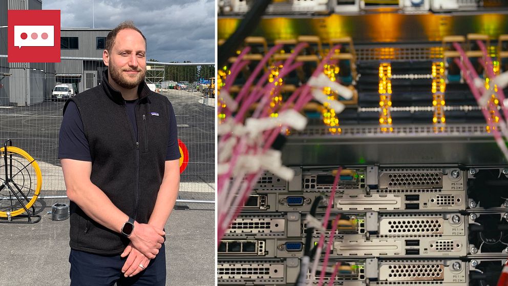 man som står framför byggnad, sladdar som kopplas in i dator