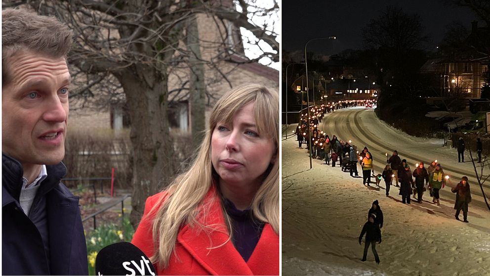 Bildkollage: Föräldrarna Mårten och Astri som blir intervjuade och en bild på ett fackeltåg en vinterkväll i Danderyd.