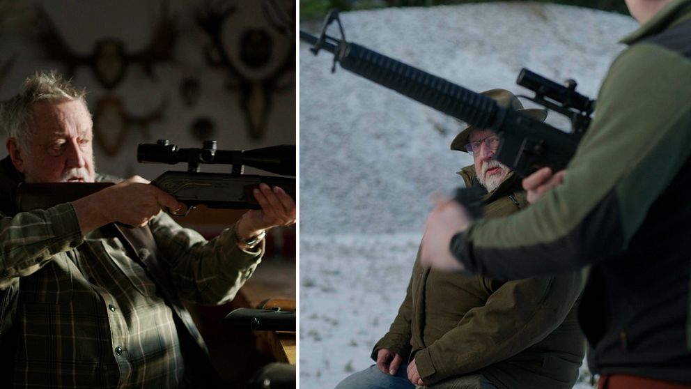 Tvådelad bild. Vänster: Person håller ett gevär. Höger: Två personer med ett gevär, utomhus.