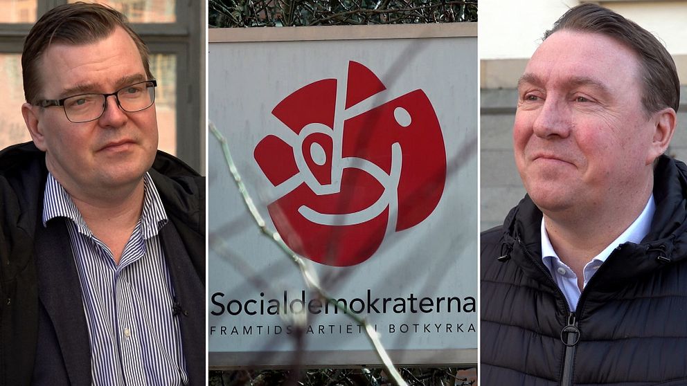 Tredelad bild med Marcus Ekman (Oberoende S), en skylt med Socialdemokraternas ros, och Jens Sjöström (S).