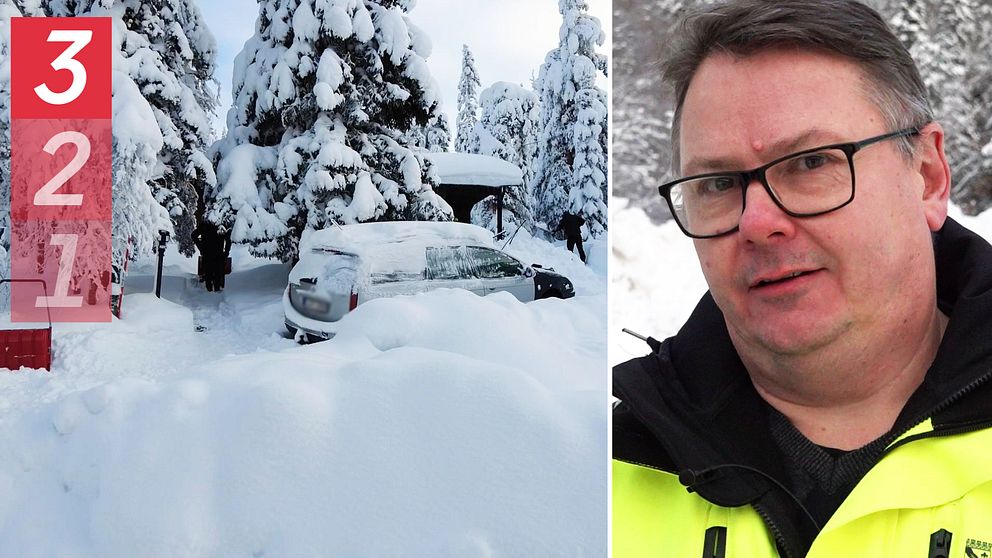 en bild av en snöig gata med en översnöad bil och en porträttbild av en man med glasögon.
