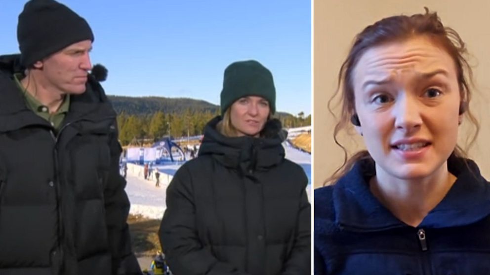Bildens vänstra sida visar två personer klädda i tjocka jackor som står utomhus på en snöig plats med berg och ett skidområde i bakgrunden. Den högra sidan visar en närbild på en person med lockigt hår som bär en mörk tröja, sittande i ett inomhusmiljö.