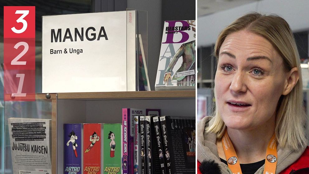 Det är två bilder i en bild. På ena bilden syns skylt där det står ”Manga, barn och unga” på ett bibliotek. På den andra bilden syns Camilla Lord som förklarar. Över bilderna finns grafik där siffrorna 1, 2, 3 är staplade efter varandra i ena hörnet.