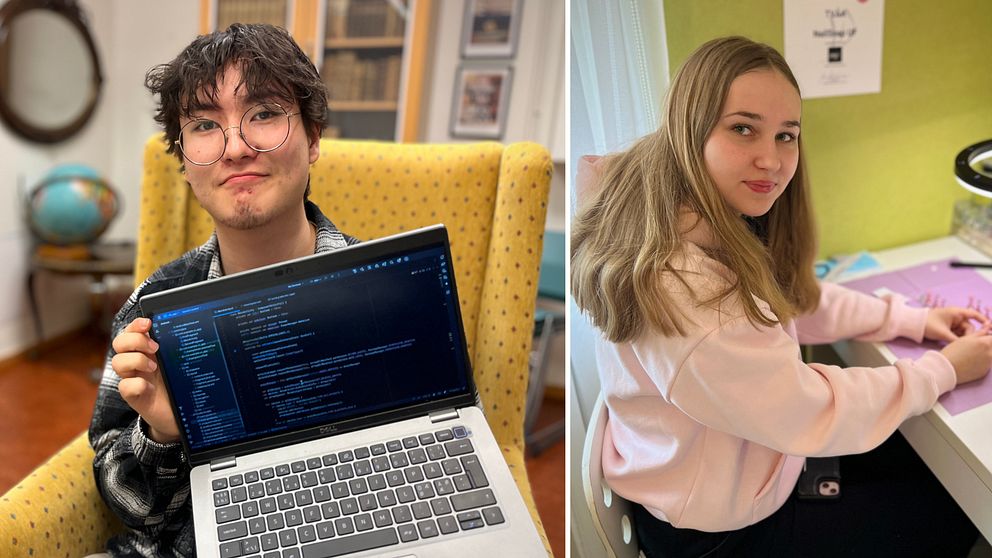 Tvådelad bild. Till vänster: person visar kod på laptop. Till höger: person pysslar vid skrivbord.
