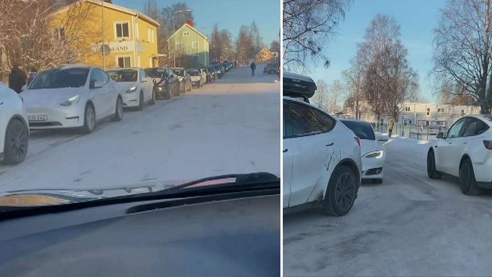 En delad bild som visar en snötäckt gata med lång bilkö som sträcker sig längs med hela gatan. Till höger visas en annan del av gatan med några bilar, däribland vita och svarta elbilar som gör en sväng.