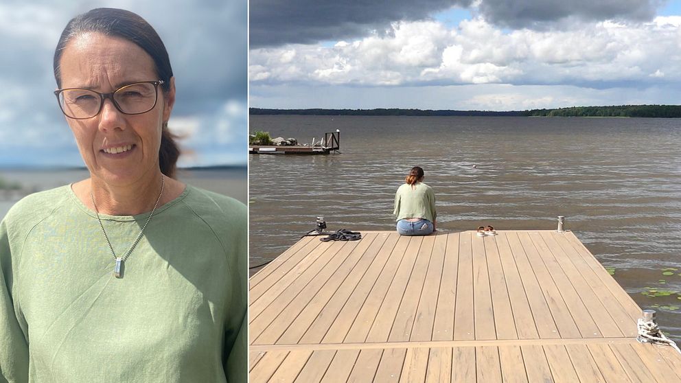 Bilden är delad i två. Den vänstra bilden är en porträttbild på Maria Walde. En kvinna i medelåldern. Hon har på sig en grön blus och ett halsband i silver. Hon tittar in i kameran. Hon har mörkt hår uppsatt i en hästsvans och brunaktiga glasögon. Den högra bilden är en bild tagen bakifrån på Maria Walde. Hon sitter på sin brygga och tittar ut över Mälaren.
