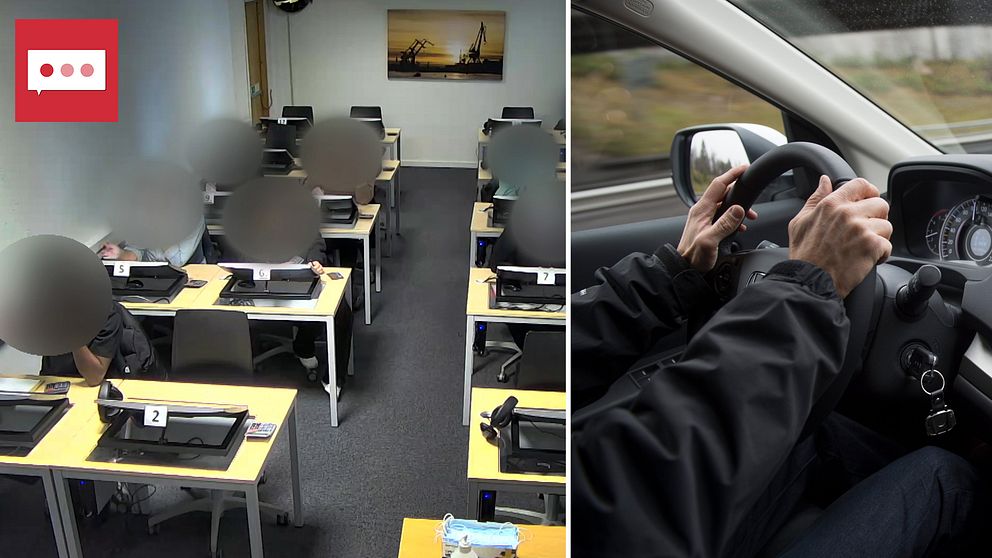 Personer sitter ned vid skrivbord i en provsal hos Trafikverket och gör teoriprovet för körkort