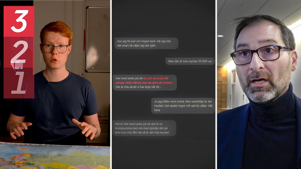Bilden är en delad bild med tre sektioner. Den första sektionen visar reportern som sitter framför en karta med händerna synliga, och det är ett nummer ”3” i röd färg i det övre vänstra hörnet. Den andra sektionen visar en textkonversation på en mörk bakgrund. Den tredje sektionen visar en advokaten David Massi i en kontorsmiljö, klädd i en mörk kostym.