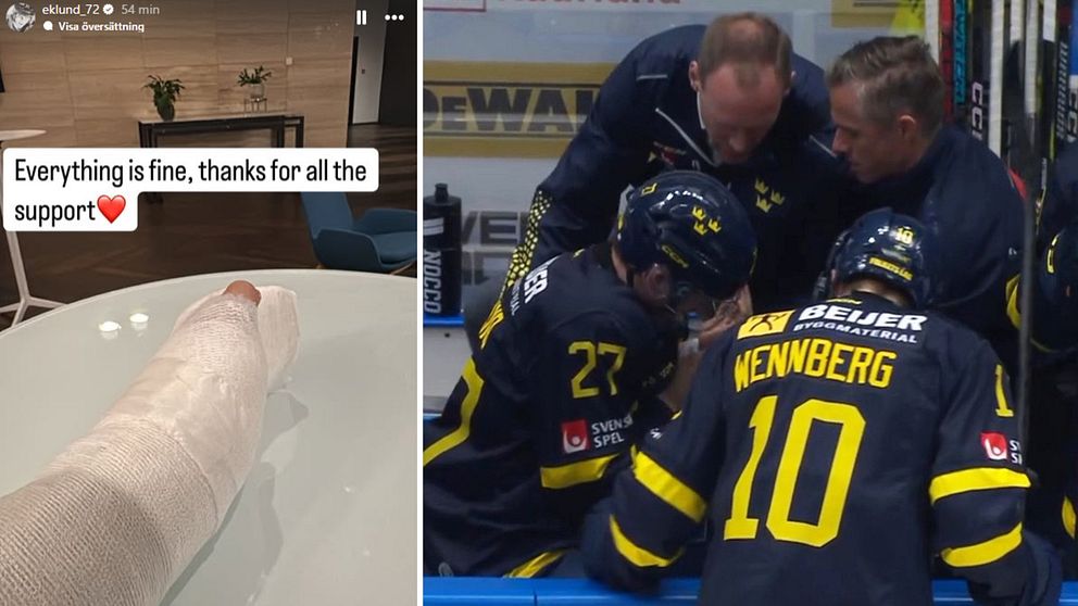 Delad bild. Vänster: bandagerad fot med tackmeddelande. Höger: hockeyspelare på avbytarbänk.