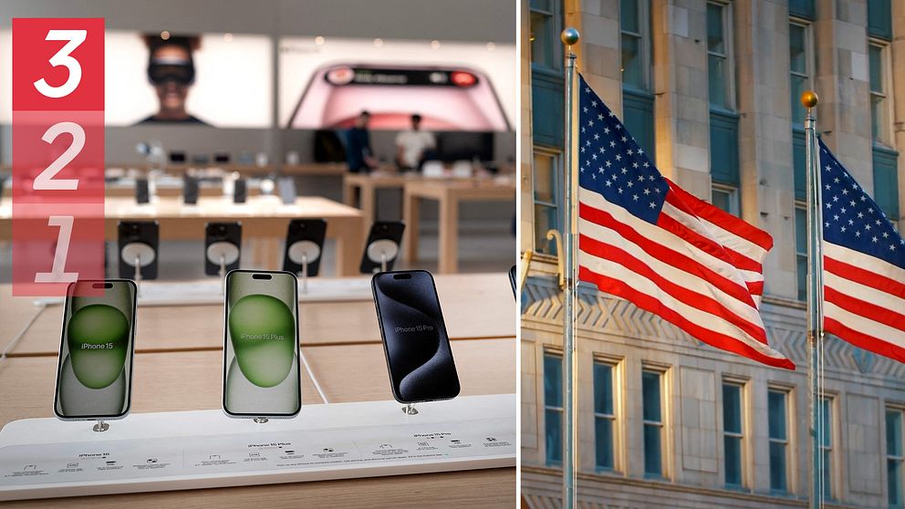 iPhone-mobiltelefoner i en Applebutik och två amerikanska flaggor.