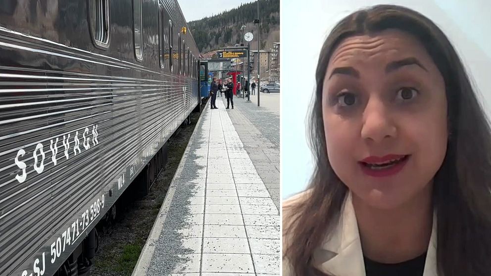 Delad bild. Till vänster: tåg vid perrong med passagerare. Till höger: kvinna med mörkt hår tittar in i kameran.
