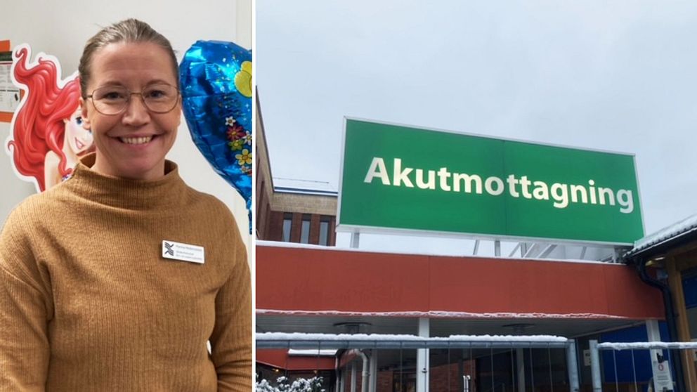 Kvinna och en bild på ingång till akutvårdsavdelning