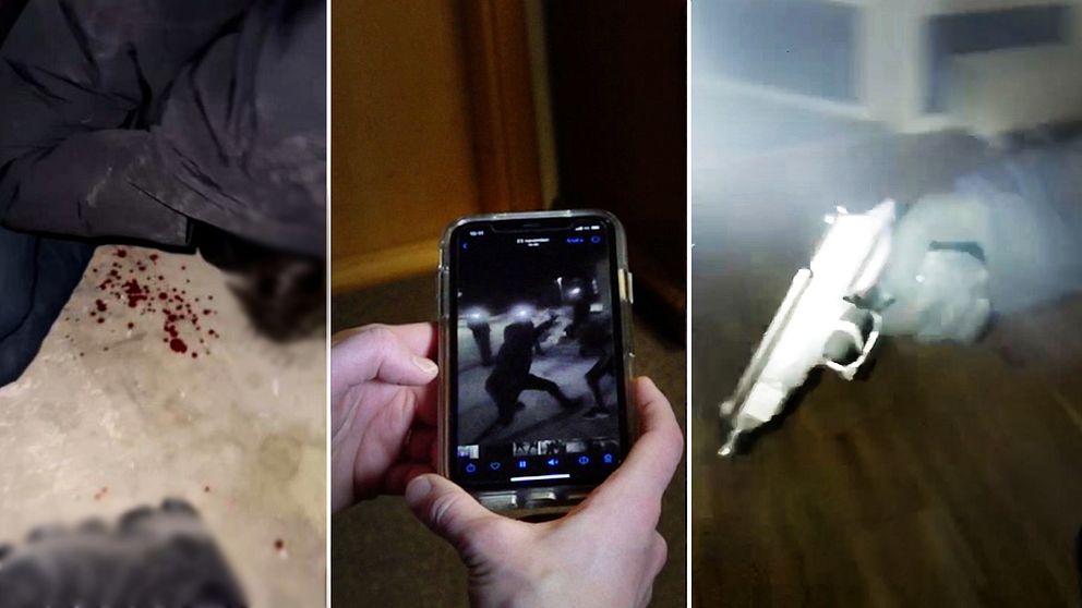 En pojke blöder på golvet. Våldsam film visas på en mobil.