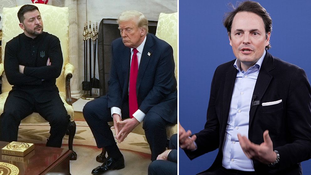 Tvådelad bild. Vänster: Politiskt samtal i formellt rum. Höger: Talande man mot blå bakgrund.