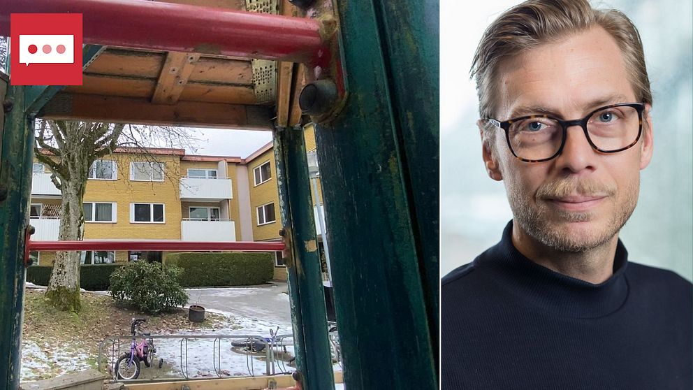 Klätterställning framför ett hyreshus, till vänster bostadsforskaren Martin Grander.