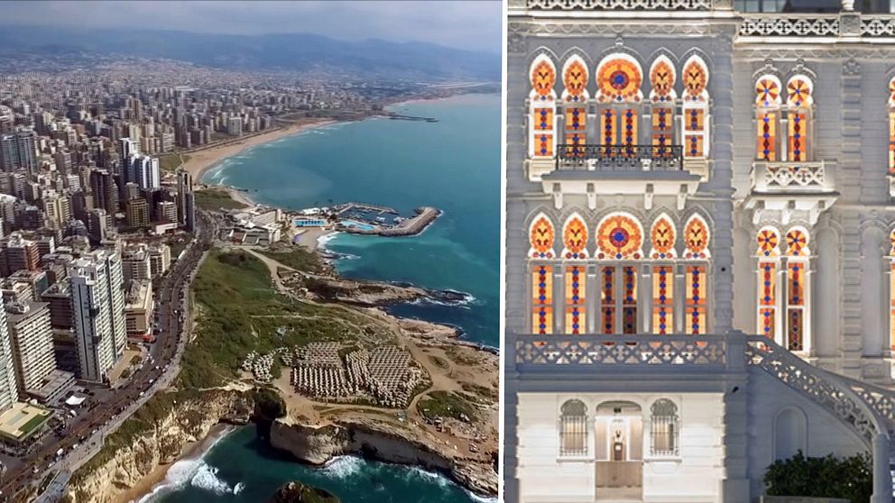 En delad bild som visar två scener: till vänster en vidvinkelbild av Beiruts kustlinje med moderna byggnader och havet, och till höger en närbild av en historisk byggnad med färgglada fönster och detaljrik arkitektur.