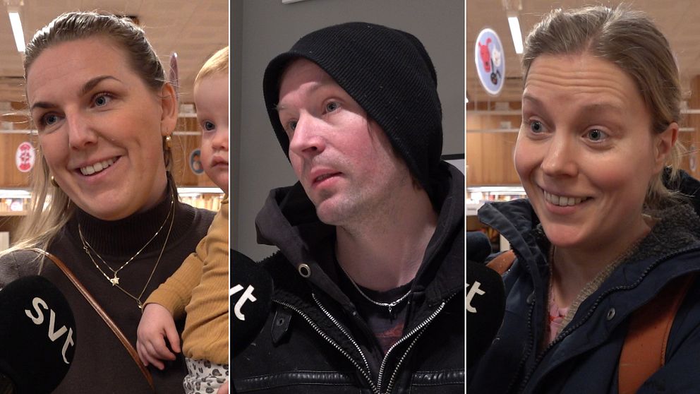 Delad bild i tre sektioner visar personer som håller mikrofoner märkta med ”SVT”. Personerna är klädda i vinterkläder och står inomhus; omgivningen antyder att de är i en allmän plats som en affär eller köpcentrum.