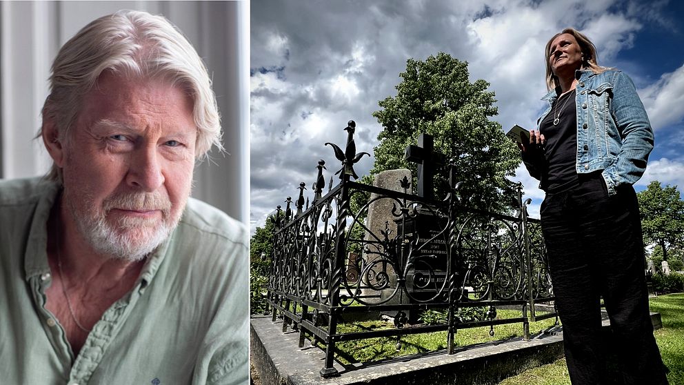 Skådespelaren Rolf Lassgård syns i bildens ena del, med vitt hår och grön skjorta. I den andra delen syns en kvinna i svarta byxor och jeansjacka på en kyrkogård med en gravplats intill, med svart järnräcke runt.