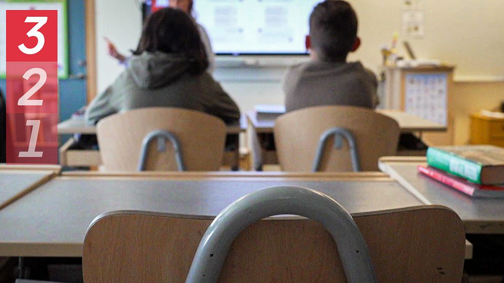 Skolbarn som sitter med ryggen mot kameran i ett klassrum.