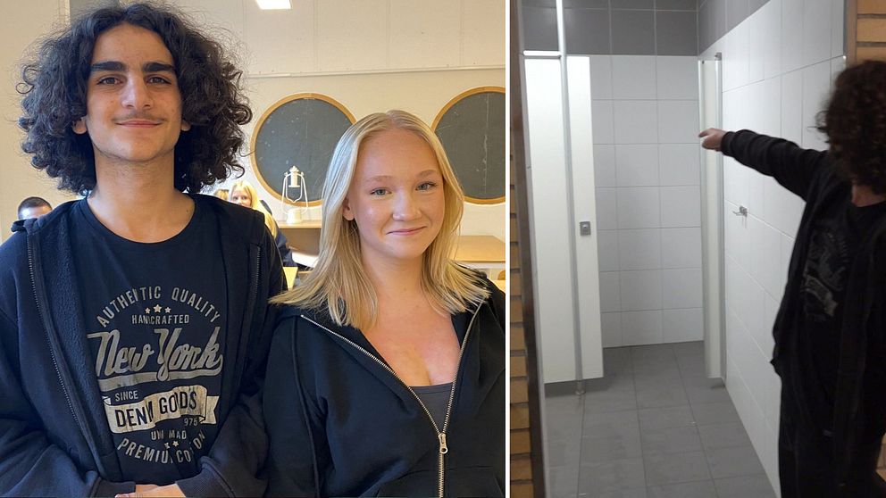 Motaz Gurli och Livea Blent till vänster. Till höger står Motaz och pekar in i ett duschbås.