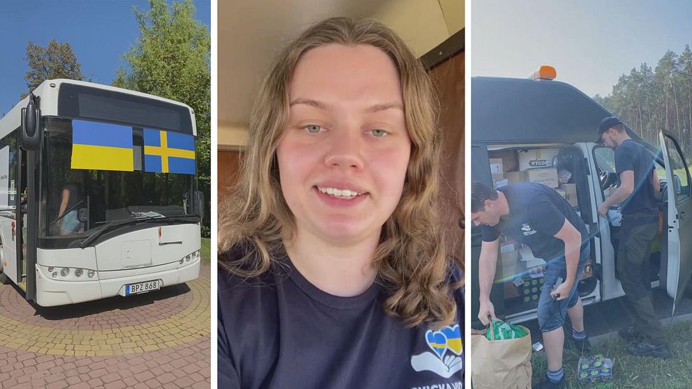 Till vänster ser du en stadsbuss som ska åka till Ukraina – I mitten ser du Anna Häggblom – Till höger är en bild på då de packar upp saker som ska till Ukraina.