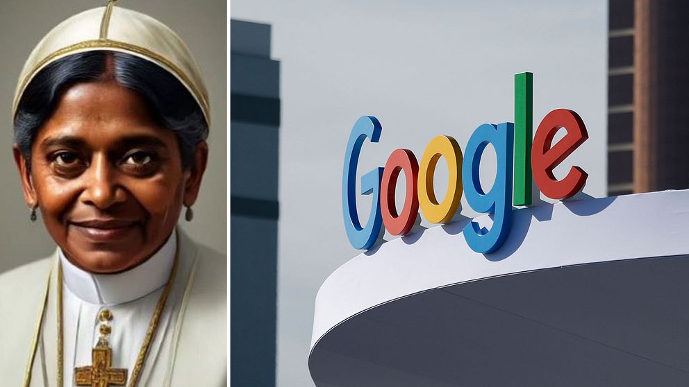 En AI-genererad bild på en påve som ickevit kvinna till vänster, bild på en Google-skylt på en byggnad till höger.