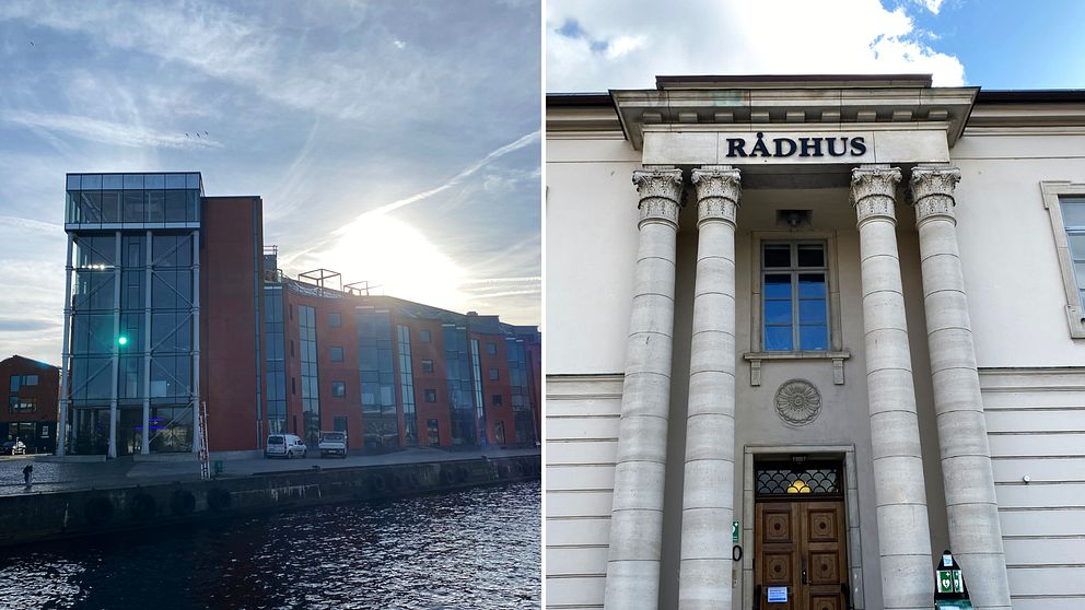 Tvådelad bild på dels röd byggnad av glas och stål vid vattenbrynet och dels rådhusets stenfasad i Karlshamn.