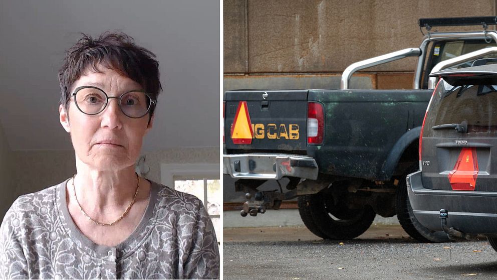 Tvådelad bild. Vänster: Person  Höger: Bakdel av en pickup vid en mur.
