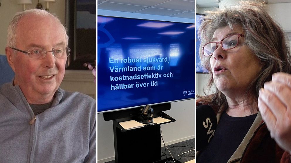 Tre bilder, Sven-Göran Eriksson, en tv-skärm som visar text från Region Värmlands presskonferens och Ann-Christine Johansson, ordförande för Karlstad airport.